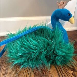 Jellycat London Peacock Fluffy Fancies Purse Bag Fuzzy Green & Blue with Crown